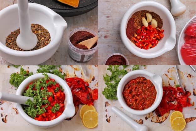 Four pictures demonstrate how to make roasted red pepper harissa.
