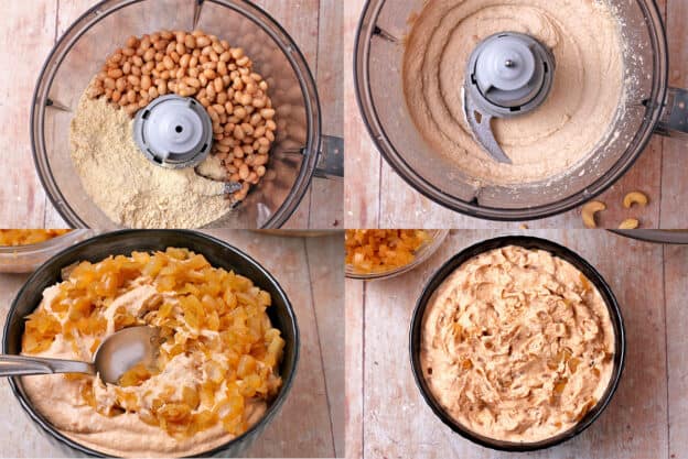 4 pictures demonstrate how to make vegan French onion dip.