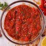 Roasted red pepper harissa with blended ingredients.