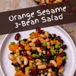Orange and sesame 3-bean salad on a white plate with text overlay.