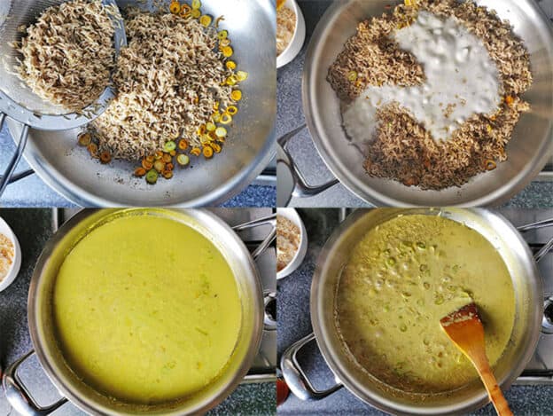 4 pictures demonstrate the process for adding brown basmati rice to coconut milk, vegetable broth, turmeric, and scallions.
