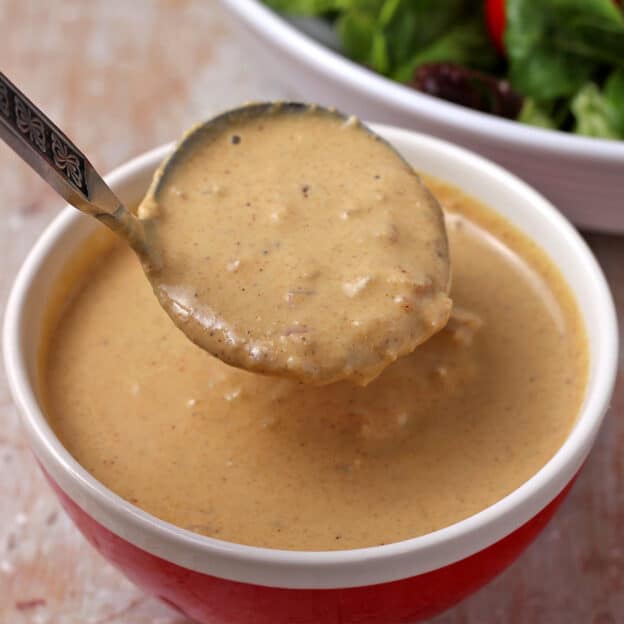 A red bowl with mustard tahini dressing in a ladle.