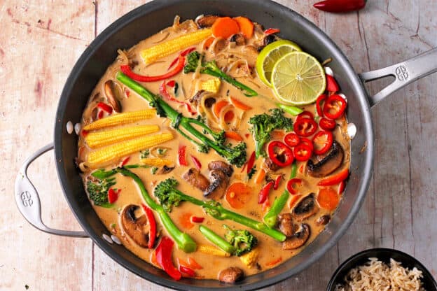 Thai red vegetable curry in a pan.