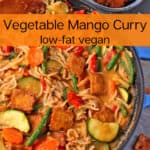 Curry with mango sauce, vegetables, noodles, and tofu.