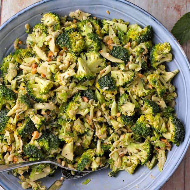 Broccoli slaw with peanuts, scallions, mint, and tahini dressing.