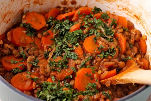 Fresh mint is stirred into cooked carrots and lentils.