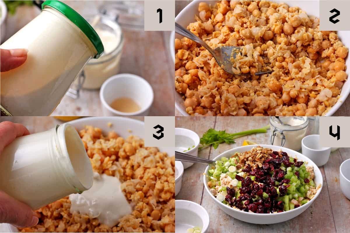 The process of making creamy chickpea salad with cranberries, walnuts, celery, and scallions.