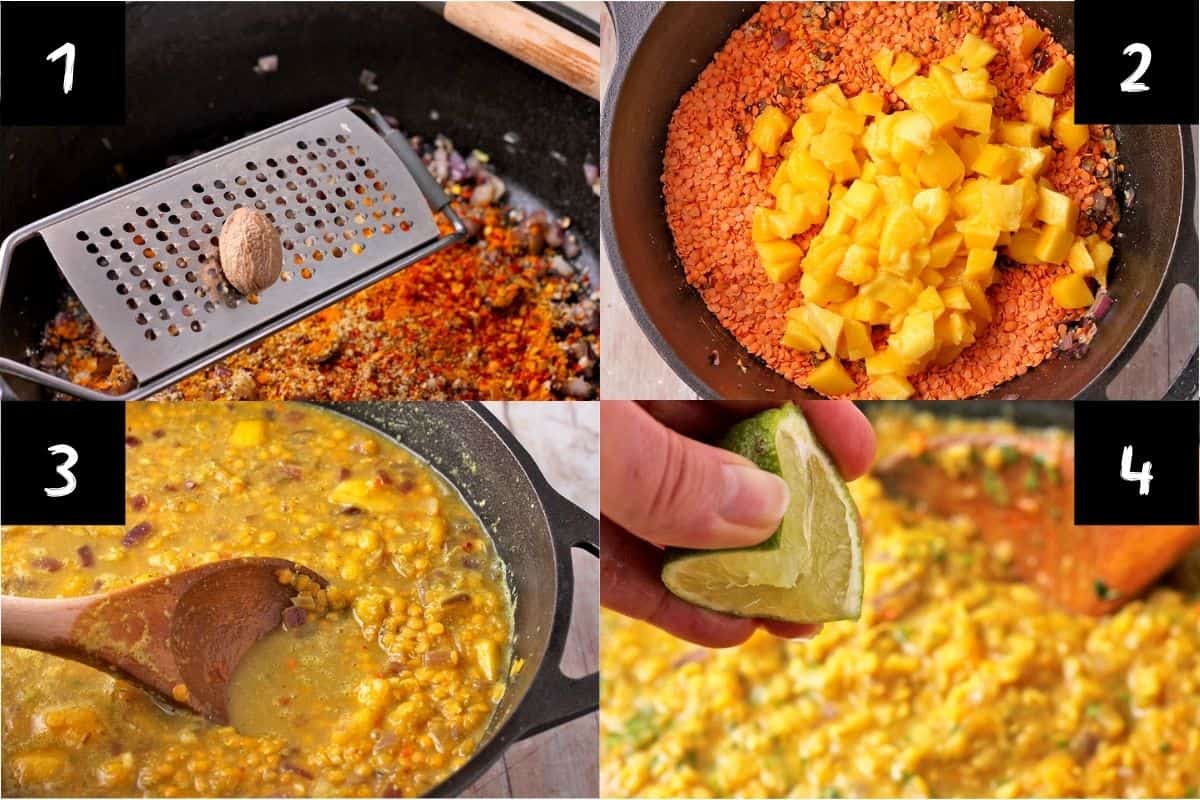 Four pictures show how to make fresh mango dahl.