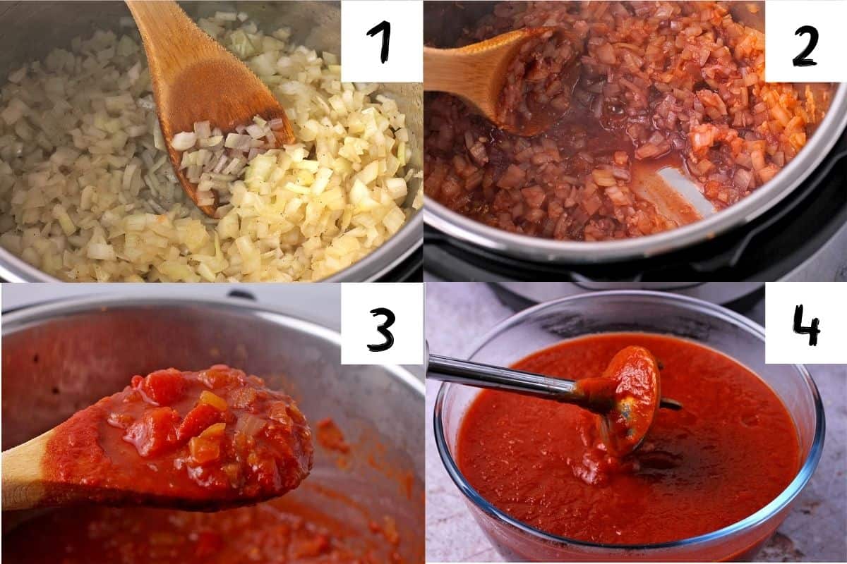 4 pictures describe how to make basic tomato sauce.