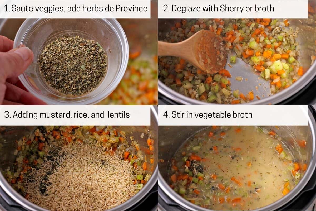 The process to make brown rice and French lentils in the Instant Pot.