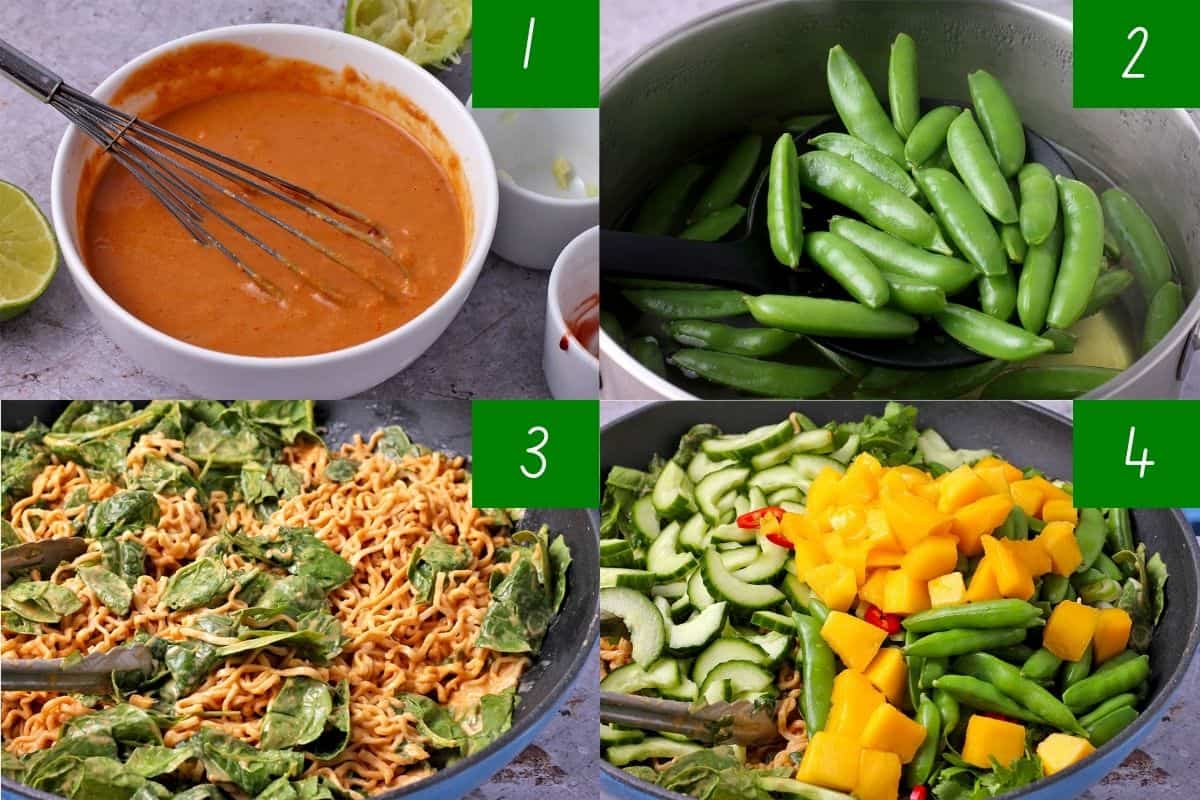 4 pictures demonstrate how to make peanut sauce, steam snap peas, mix spinach and noodles, and make salad.