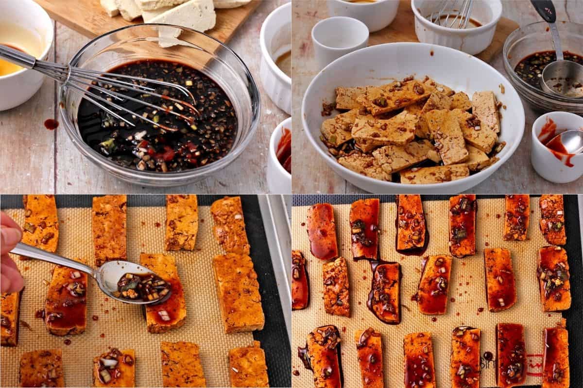 4 pictures describe how to marinate tofu and prepare it for baking.