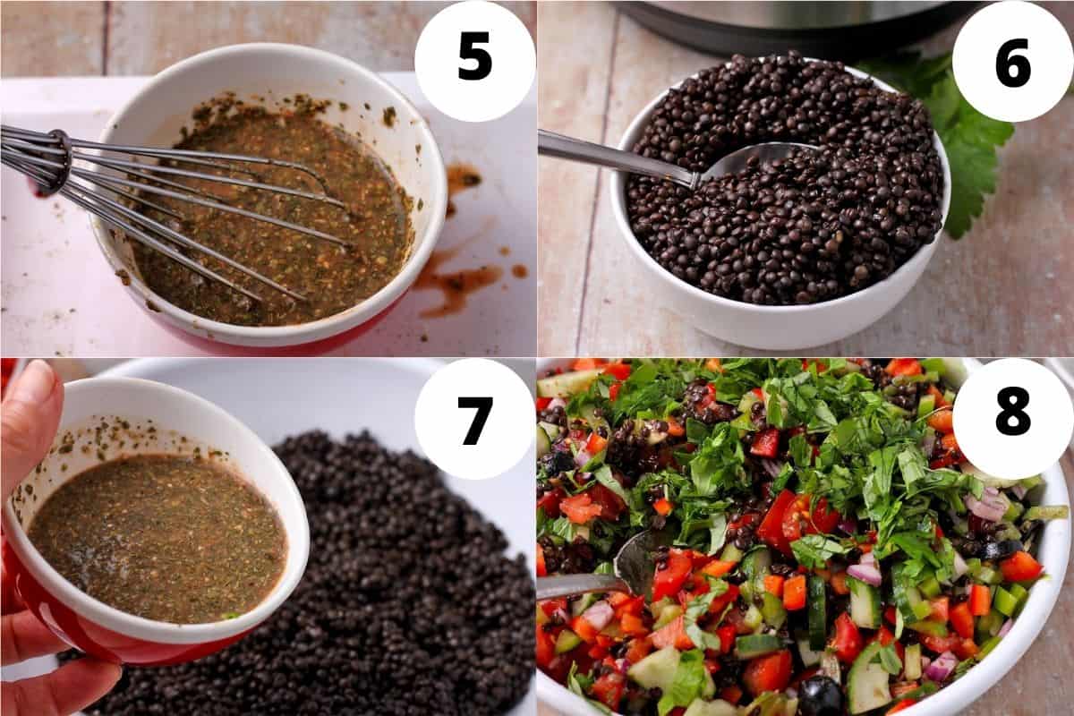Greek salad dressing is added to cooked black lentils and then salad ingredients are mixed in.