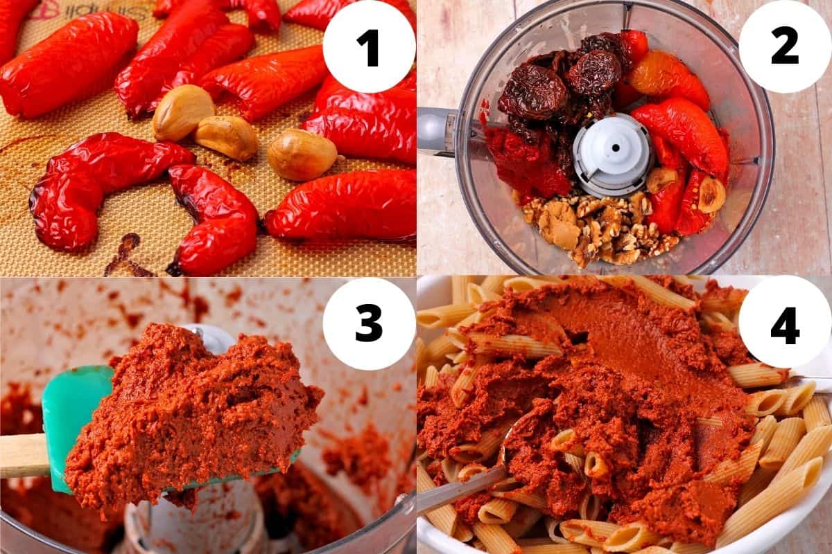 4 pictures demonstrate how to make red pesto.