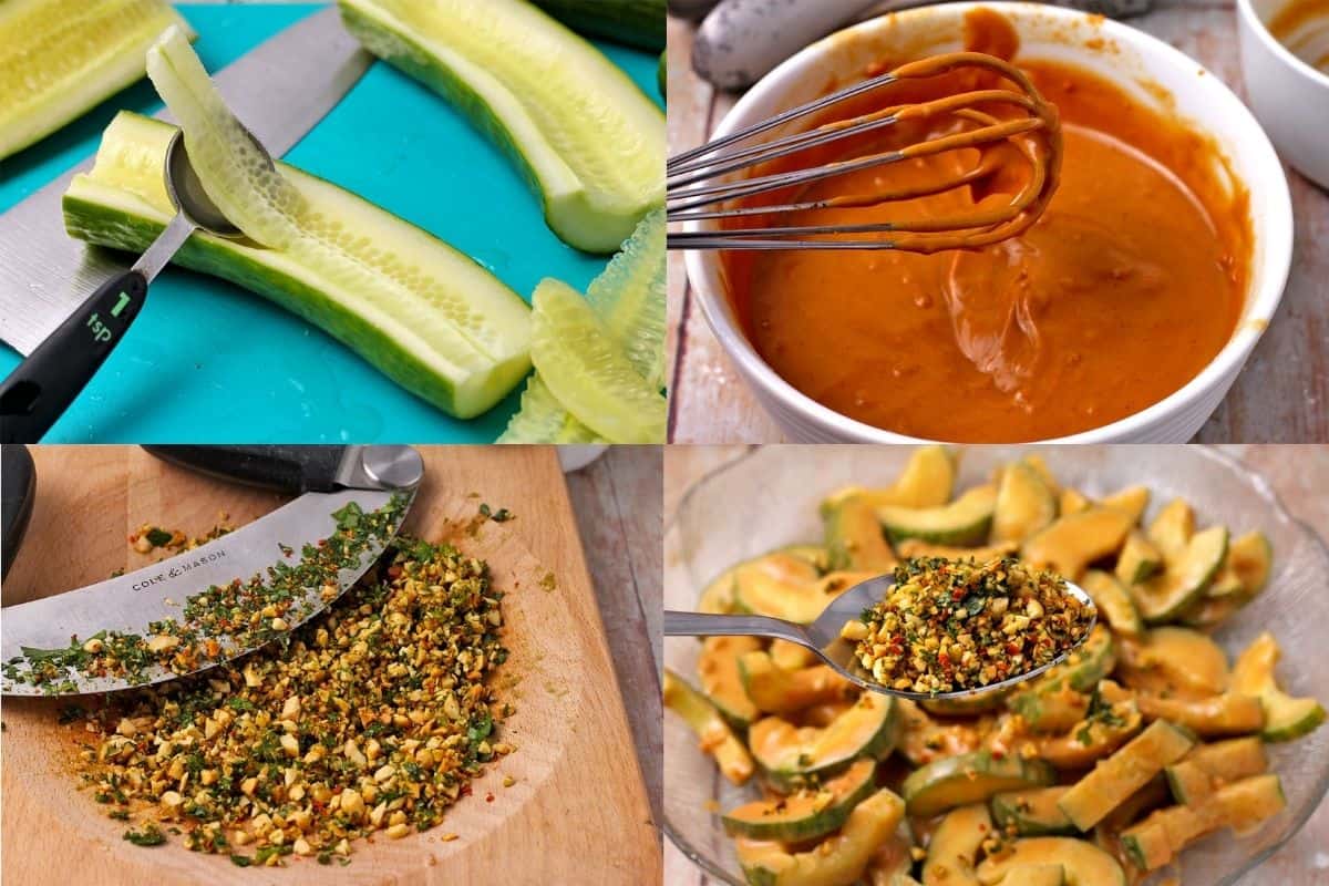 How to make cucumber salad, creamy peanut dressing, spice mix, and finish the salad.