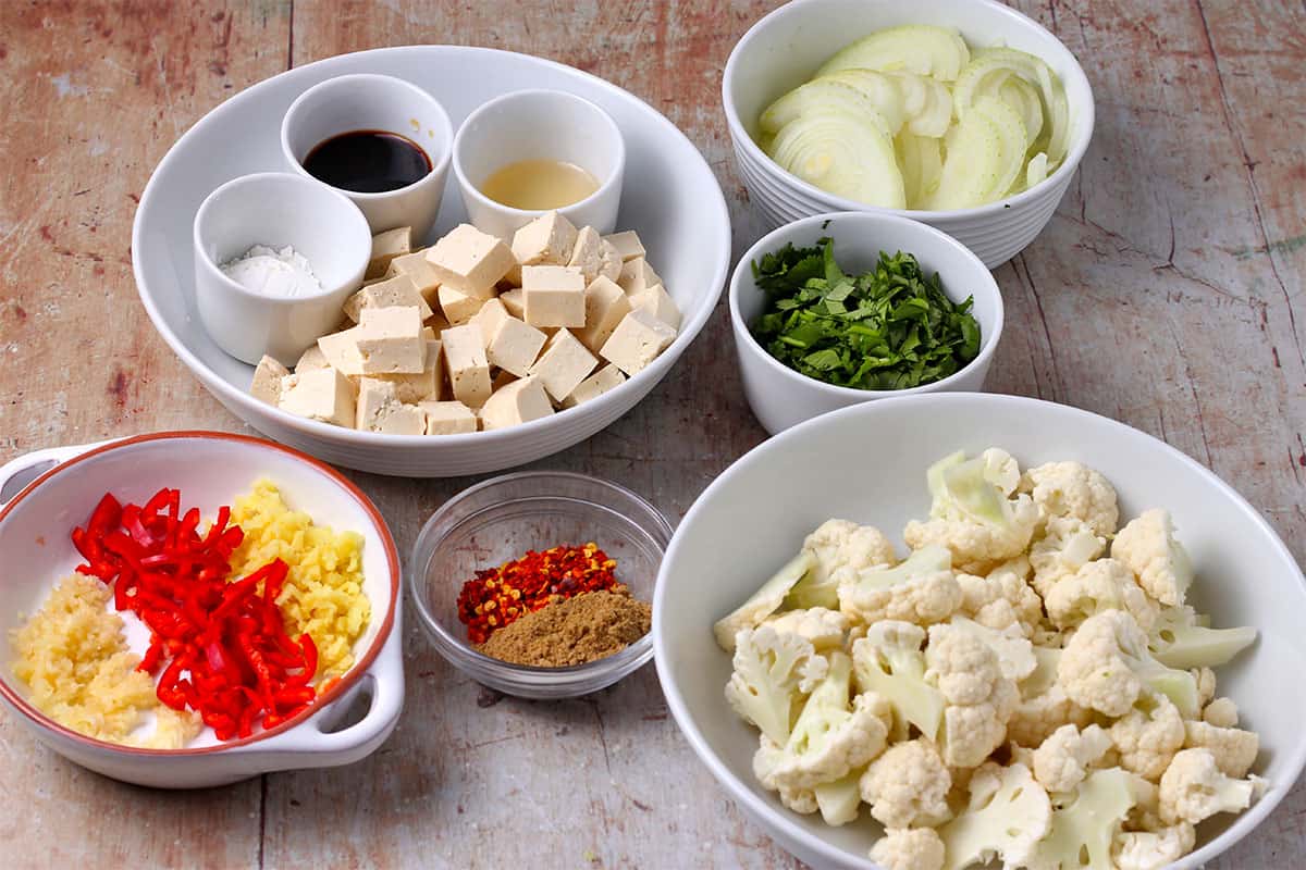 The ingredients for cumin cauliflower with baked tofu.