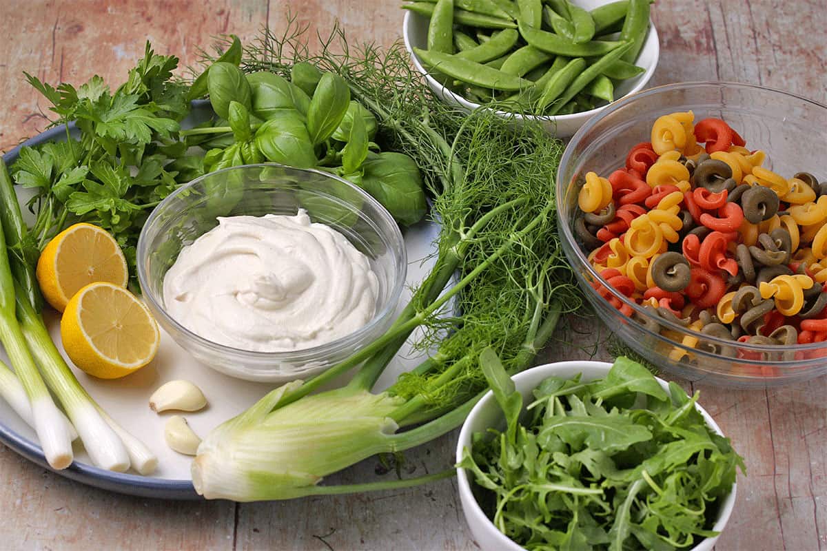 The ingredients for pasta salad with green goddess dressing.