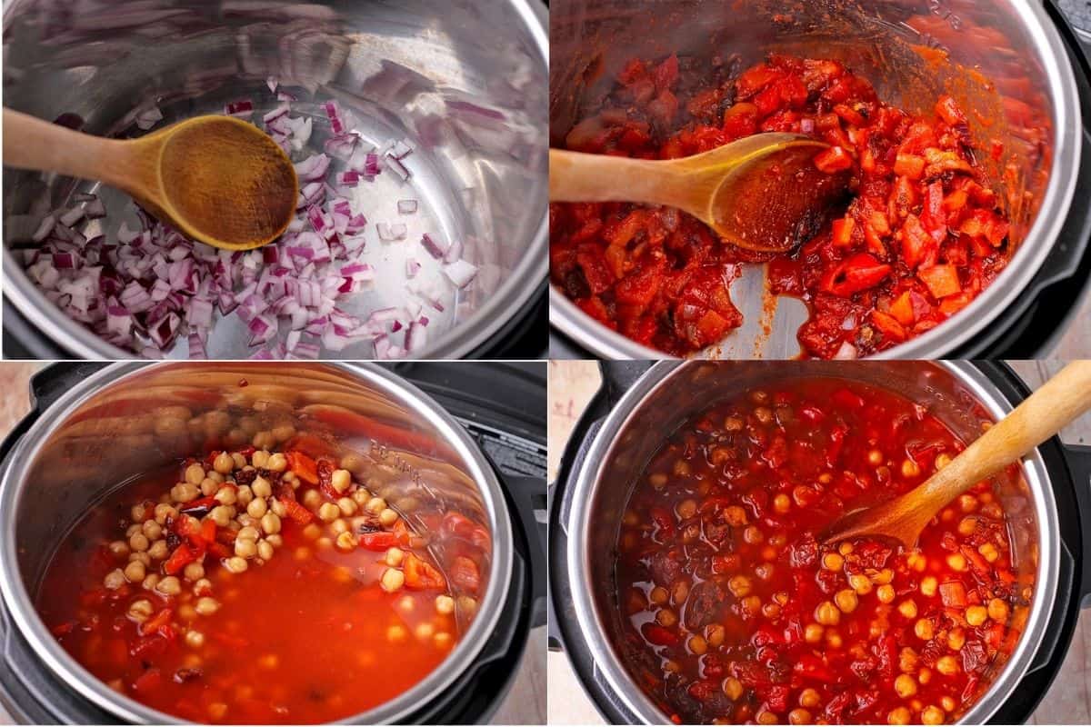 4 pictures demonstrate how to make smoky Spanish chickpea soup in the Instant Pot.