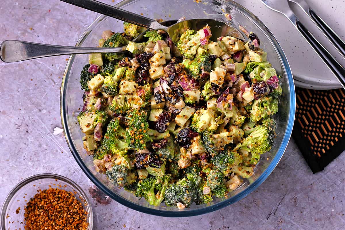 Overhead of broccoli salad with vegan bacon bits, cranberries, and red onions.