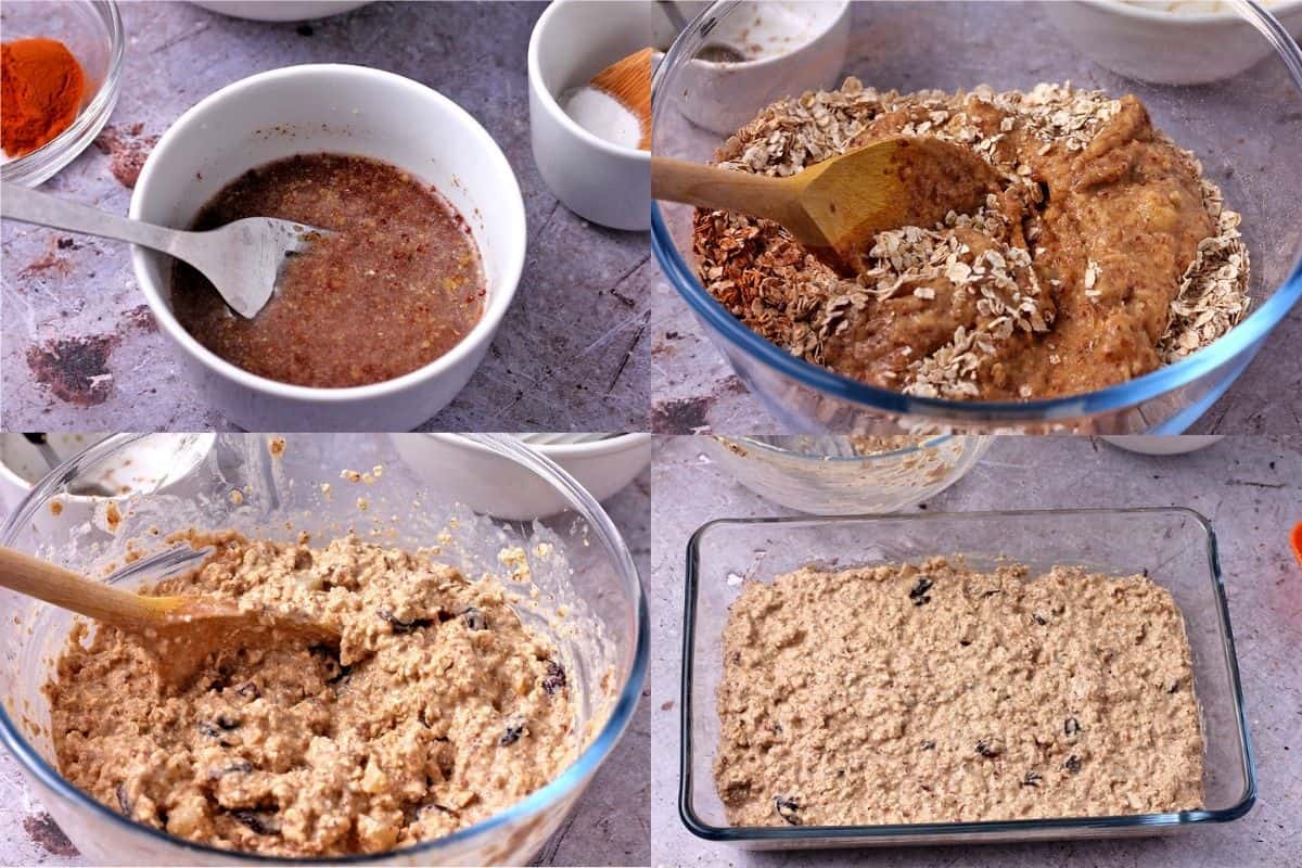 4 pictures demonstrate how to make vegan baked oatmeal.
