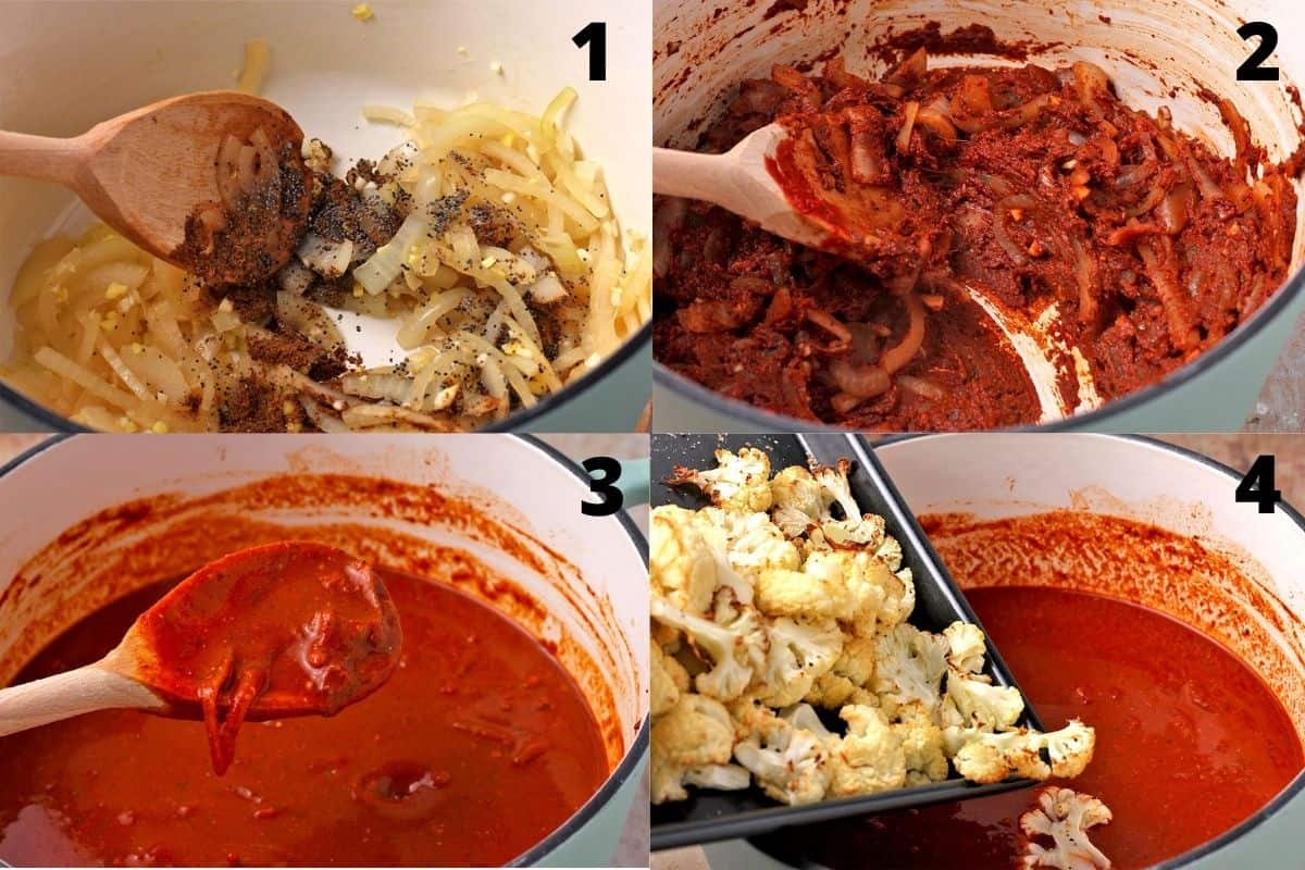 4 pictures show how to make homemade vindaloo sauce with roasted cauliflower.