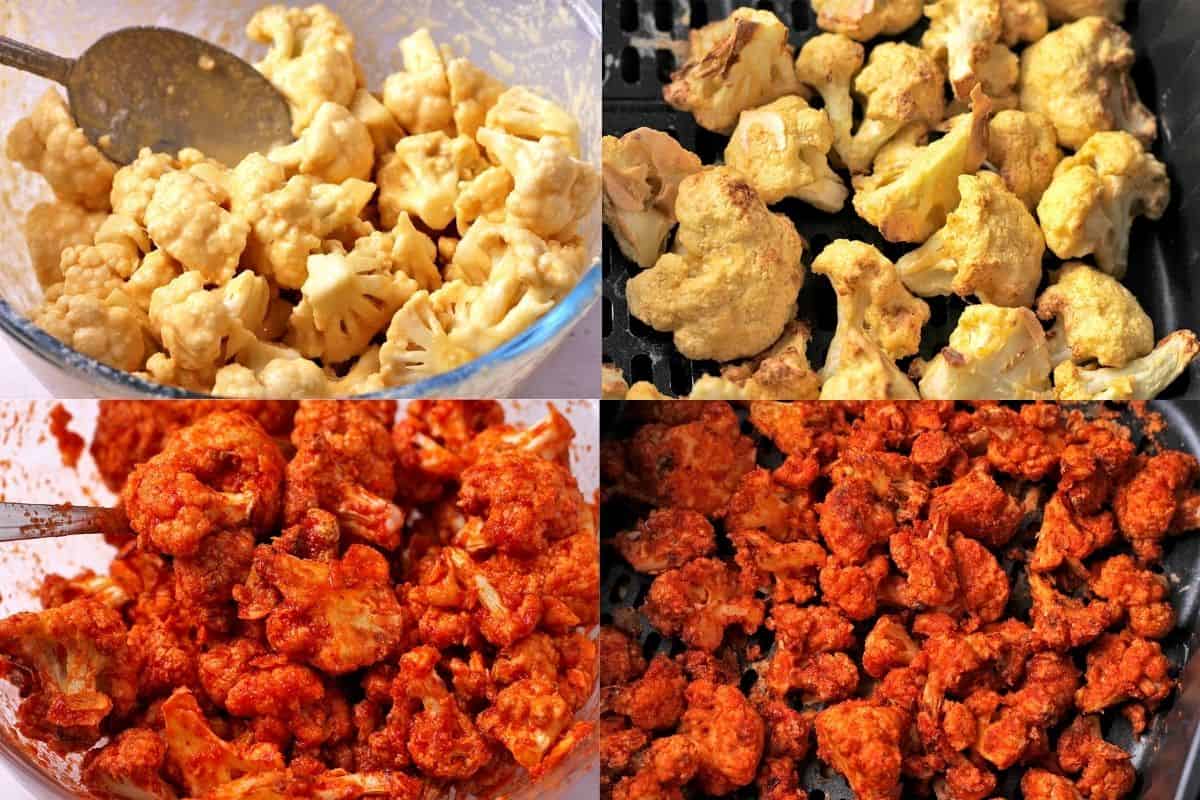 4 pictures demonstrate how to make spicy air fryer cauliflower wings.