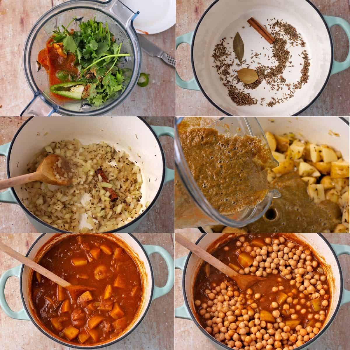 6 pictures demonstrate the steps to make chickpea and potato Indian curry.