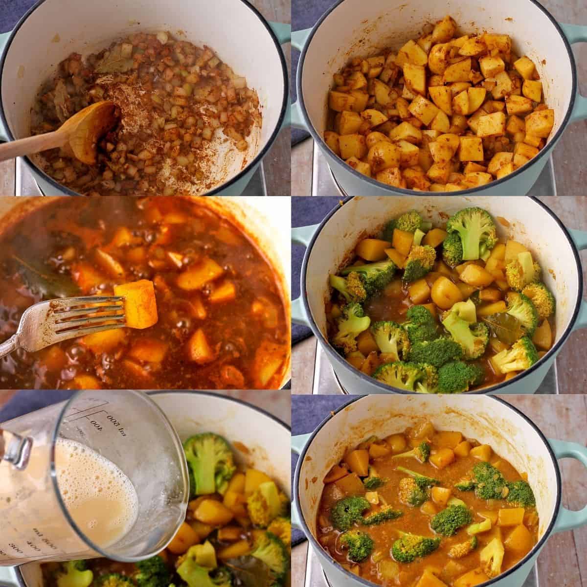 The process for making potato and broccoli curry is demonstrated in 6 step-by-step pictures.