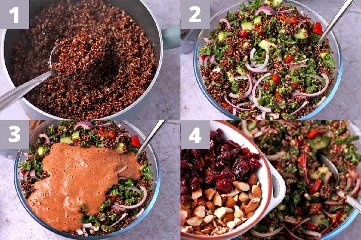 The steps to make cranberry quinoa salad including cooking quinoa, making veggies, dressing added, and cranberries and almonds added.