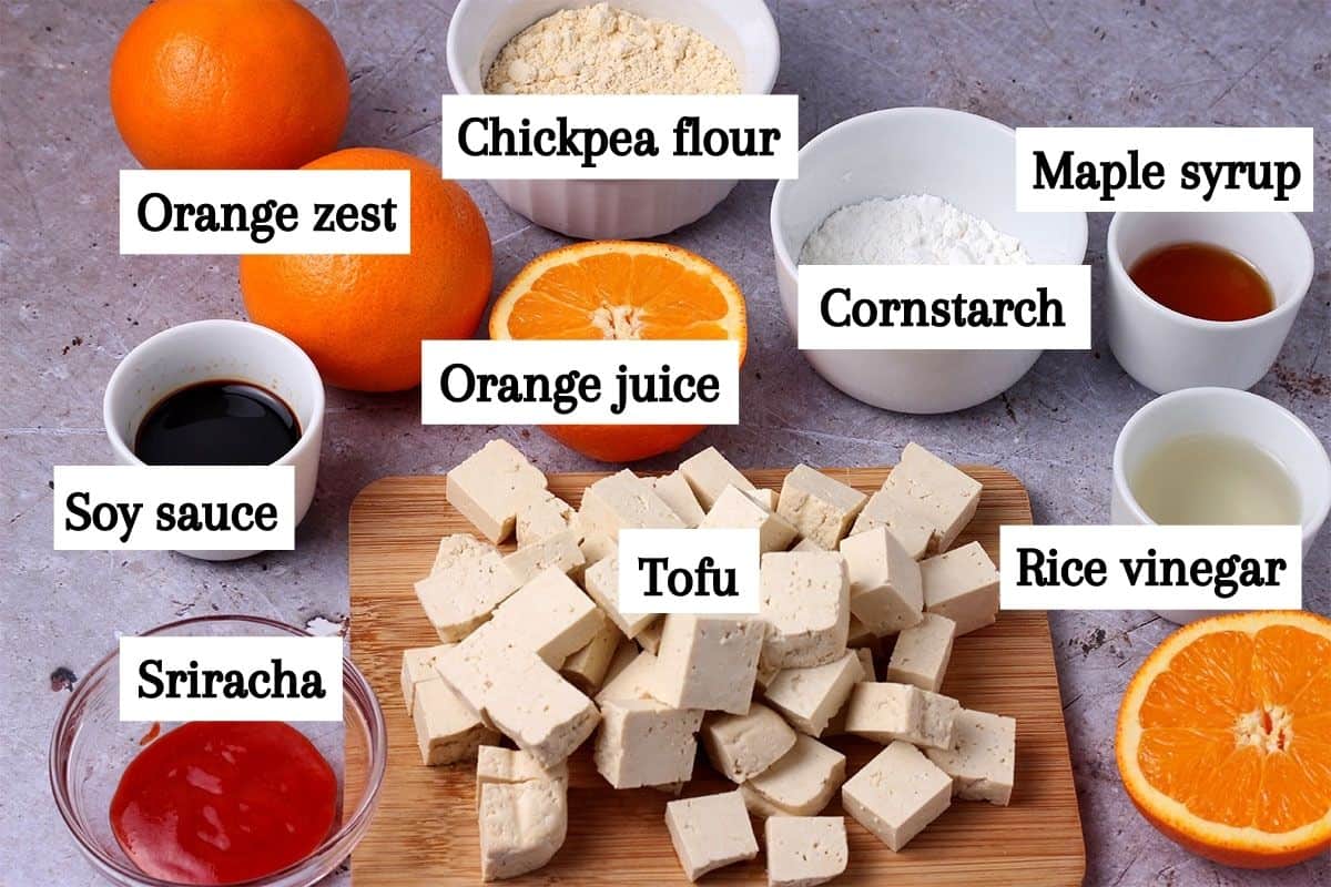 The ingredients for crispy orange tofu are laid out and labeled.