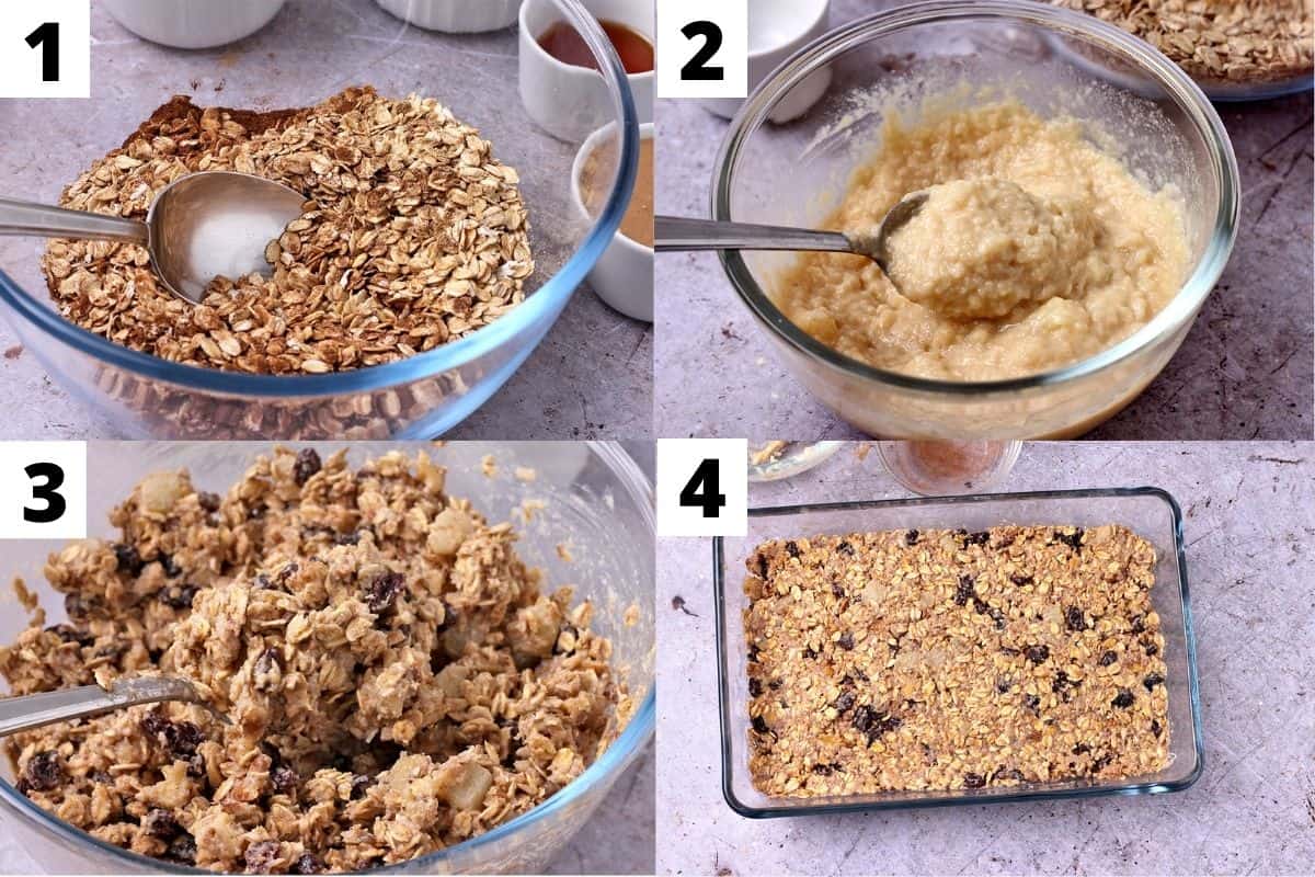 4 pictures show the steps to make vegan oatmeal raisin breakfast bars.