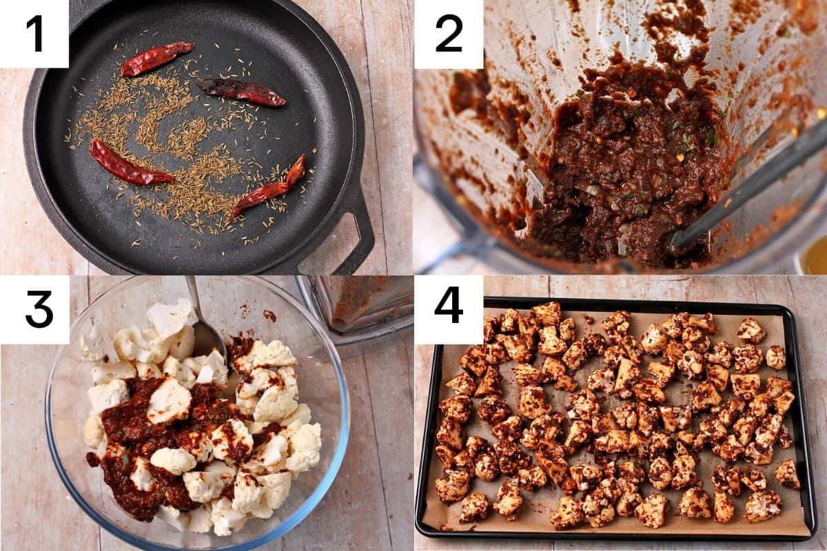 Cumin and chilies are toasted, barbacoa paste is blended, then mixed with cauliflower and set on a baking tray with parchment paper.